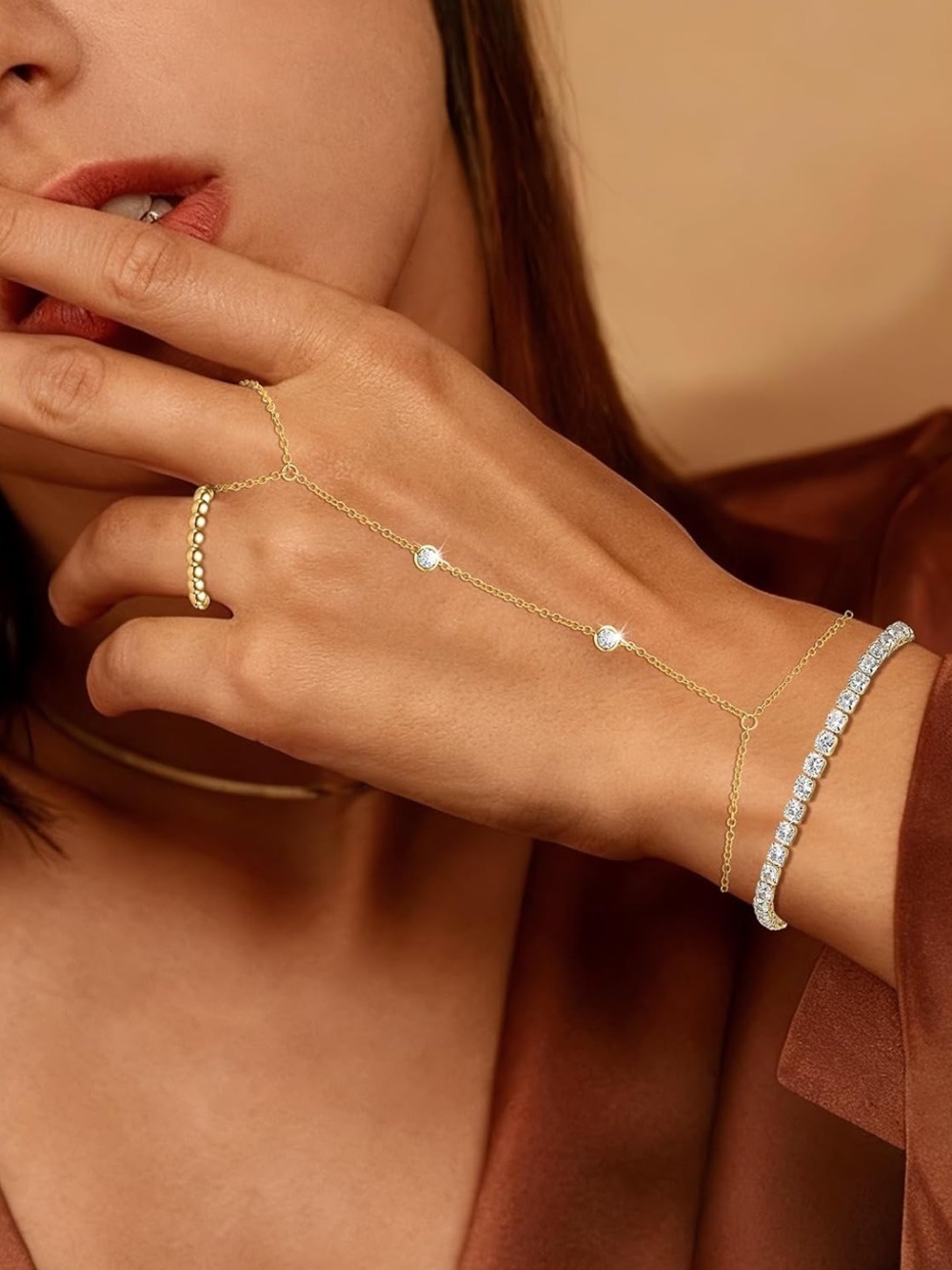 Anthropologie Gold Hand Chain Bracelet with Clear Stone Accents